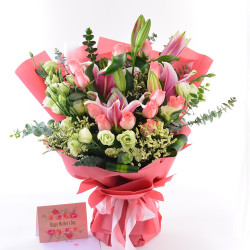 東涌G花店的訂花服務：粉玫瑰、百合、桔梗花束推薦一網打盡-18枝粉玫瑰 + 百合 +桔梗+ 襯花-BO117