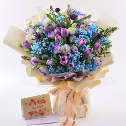 「十八行夜曲」客製花束 — 18 枝鬱金香、滿天星、桔梗與荷蘭紫花的北角浪漫（北角平價花店推介）