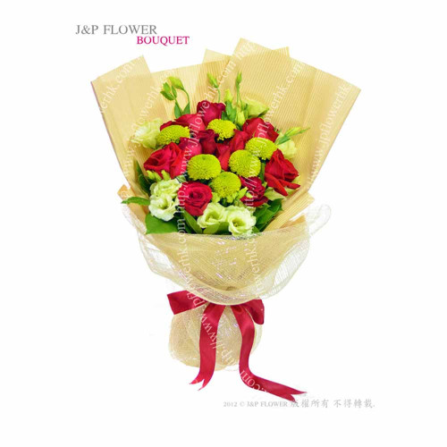 花束，18枝紅玫瑰 + 綠桔梗 + 綠兵乓菊-BO294