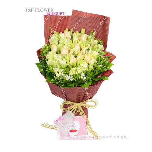 花束-花束，18枝蜜桃雪山玫瑰 + 綠桔梗 + 美女英-BO299