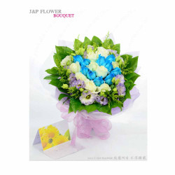 A custom bouquet of 24 blue and white roses with Eustoma and Solidago, eligible for FlowerG's florist discount code.