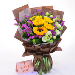 元氣充電站 - 5枝向日葵配勿忘我桔梗花束 | 花店推薦優惠 | FlowerG