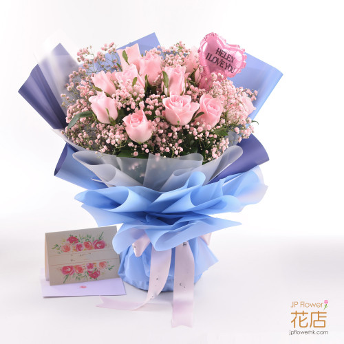Flowerg Flower custom 18 select-color roses and baby's breath bouquet with custom printed balloon, romantic upgrade, ideal for anniversaries and birthdays in Hong Kong.