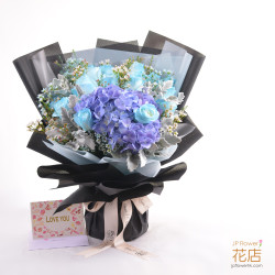 18枝玫瑰＋繡球 + 2款隨機襯花/綠材 — 藍紫浪漫紀念款