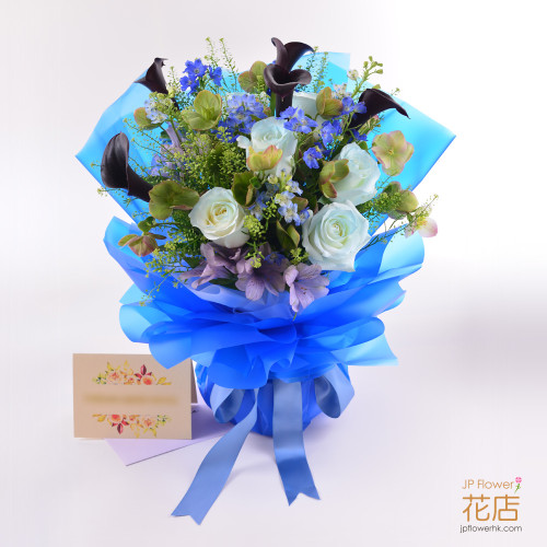 Black calla lily, rose, and delphinium bouquet with Christmas rose, unique birthday gift
