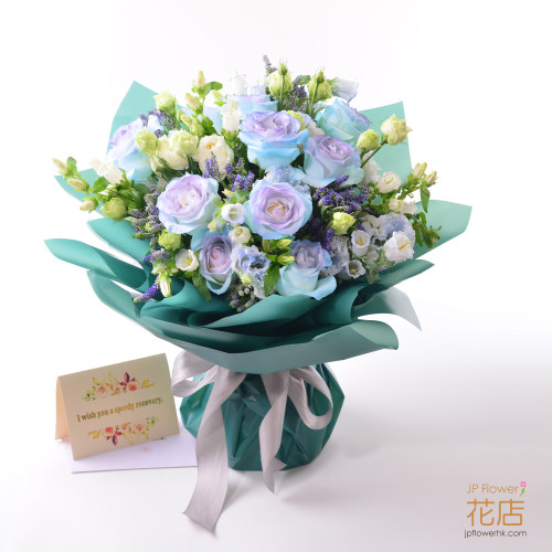 Flowerg花店 18朵獨特粉紫藍色玫瑰花束，圓形包裝設計，適合週年紀念與生日。