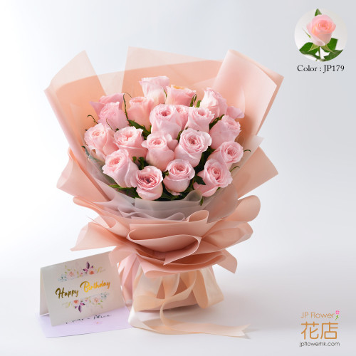 JP Florist's 18-rose bouquet with customizable colors, balloons, and printed ribbons, perfect for birthdays or expressing love.